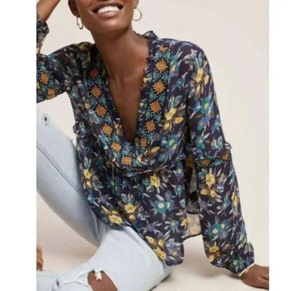MEADOW RUE anthropologie sheer top long sleeve blue sz xs - Picture 4 of 9